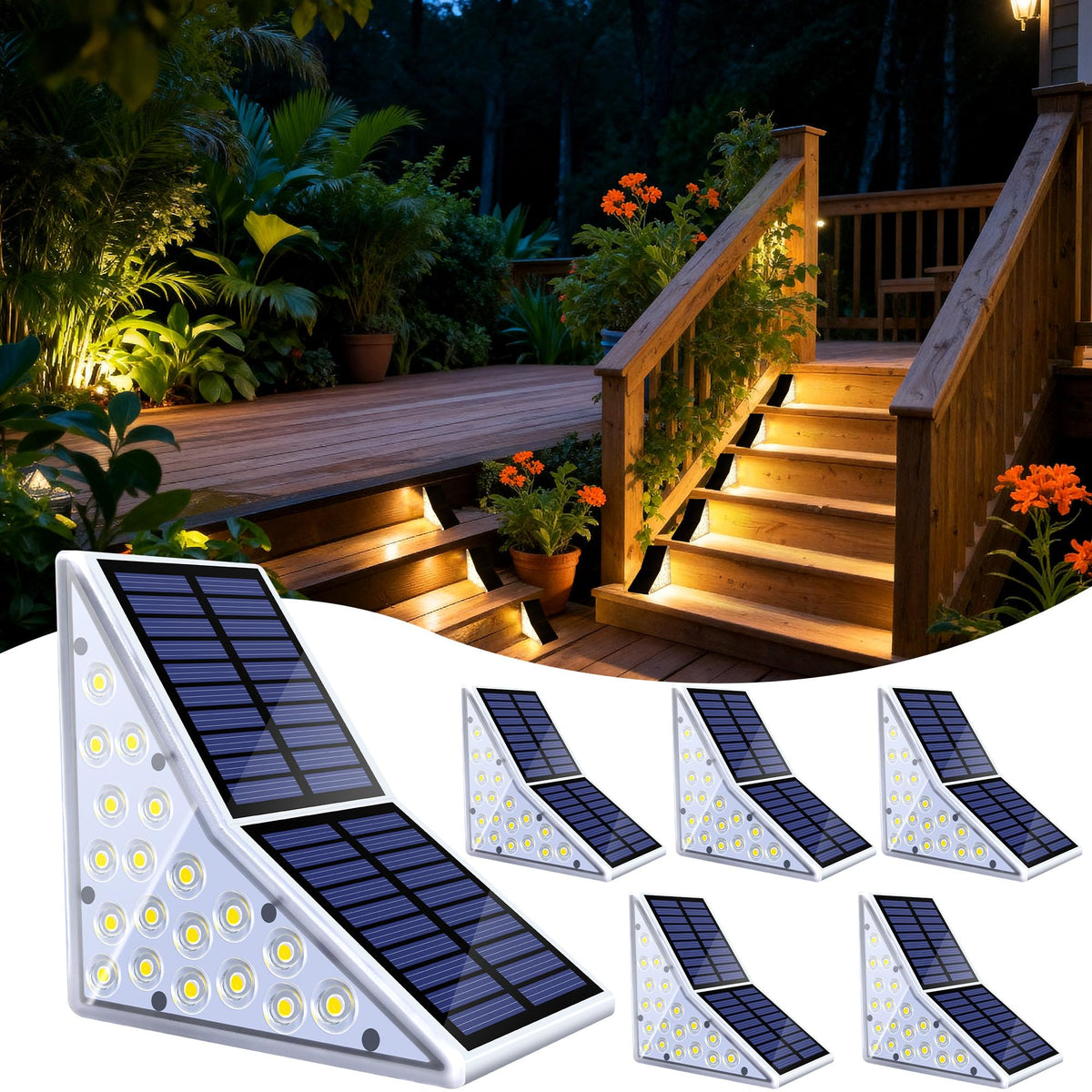 FaxBox solar stair light on front steps illuminates safely at night.