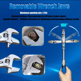 Faxhool wrench jaws provide smooth surface for screws and serrated grip for pipes.