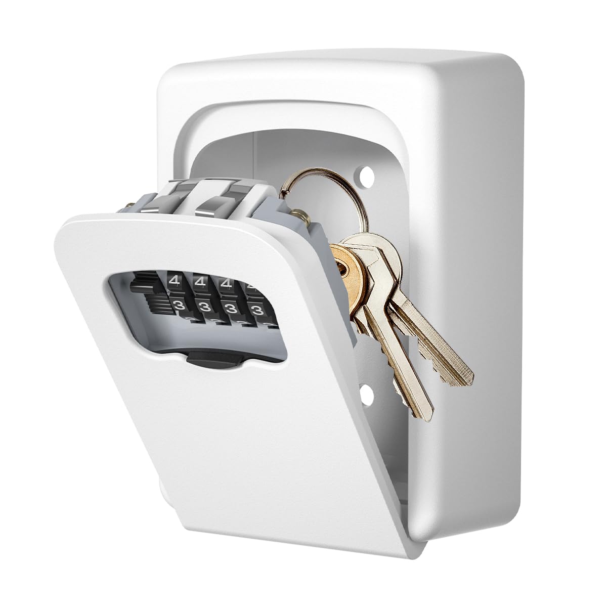 Fayleeko wall-mounted key lock box with four-digit code for secure outdoor storage.