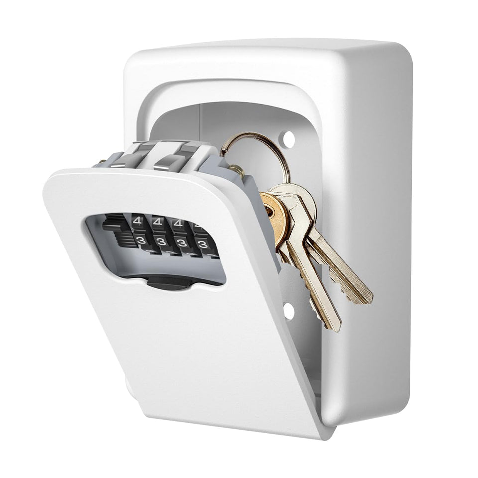 Fayleeko wall-mounted key lock box with four-digit code for secure outdoor storage.