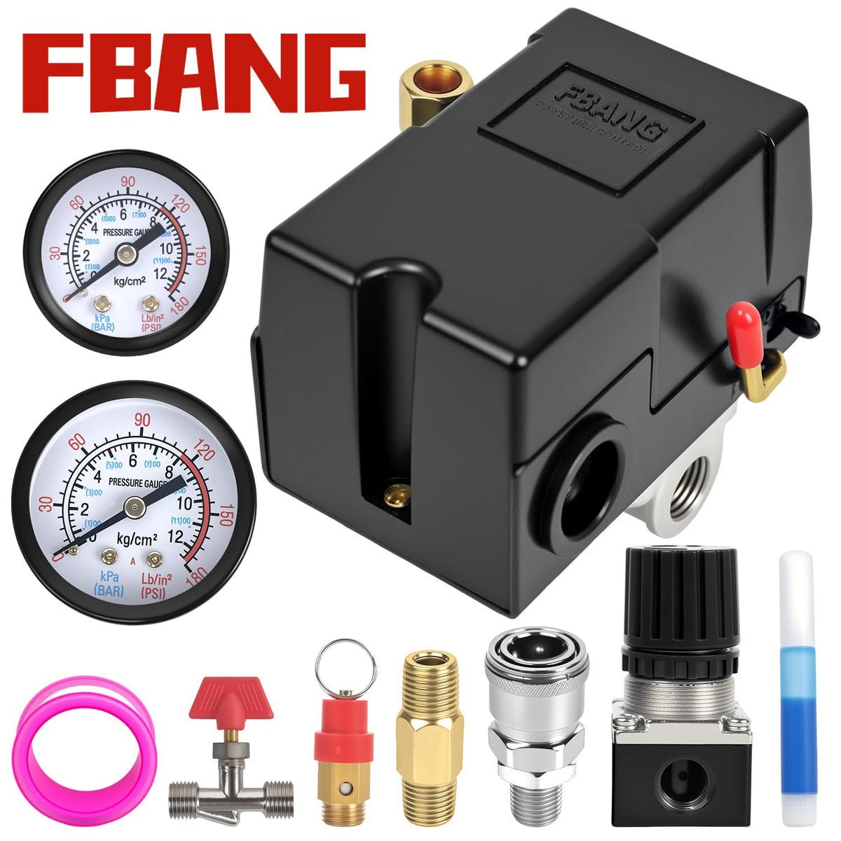 FBANG pressure regulator accessory close-up showing adjustable PSI range.