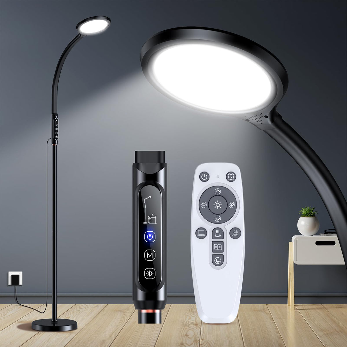 FBBJFF Happy Light lamp on floor, showcasing 2-in-1 design for versatile use