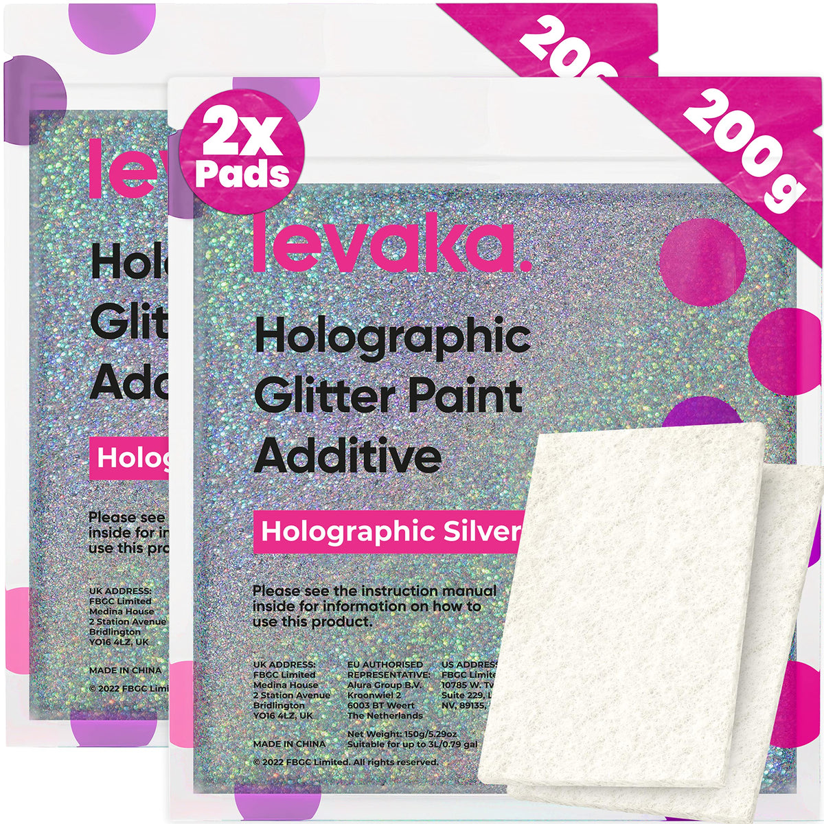 FBGC LEVAKA glitter paint additive bottle showing quick mixing and shimmering finish