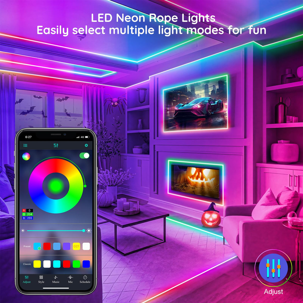 FBZ LED rope light app and remote control for easy color and mode changes.