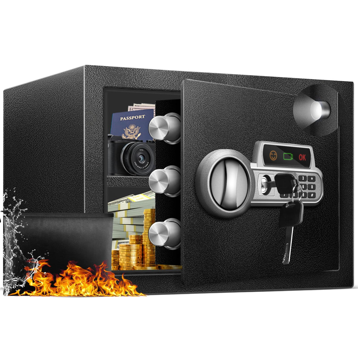 Fdsutvit Safe Box front view showing robust steel protection for valuables