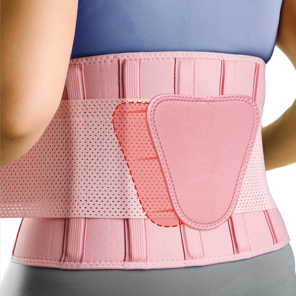 FEATOL pink back brace provides lower back support for daily tasks.