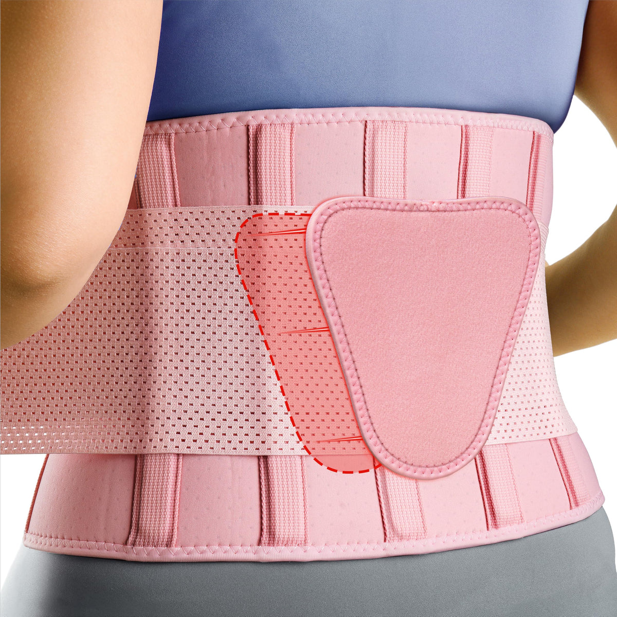 FEATOL back brace with lumbar pad provides added support for the lower back during wear.