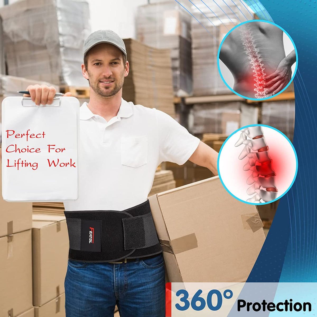 FEATOL back brace features a durable outer hook-and-loop fastener for fit