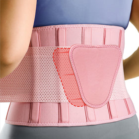 FEATOL back brace in pink with a lumbar pad for targeted support during daily activities