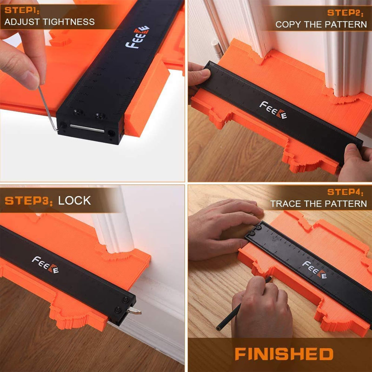 Feeke contour gauge with lock keeps shapes fixed during tracing.