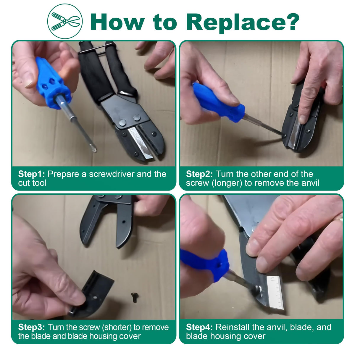 Feekoon easy-to-follow replacement steps: screwdriver-guided blade and anvil swap.