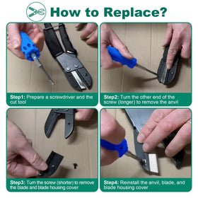Feekoon easy-to-follow replacement steps: screwdriver-guided blade and anvil swap.