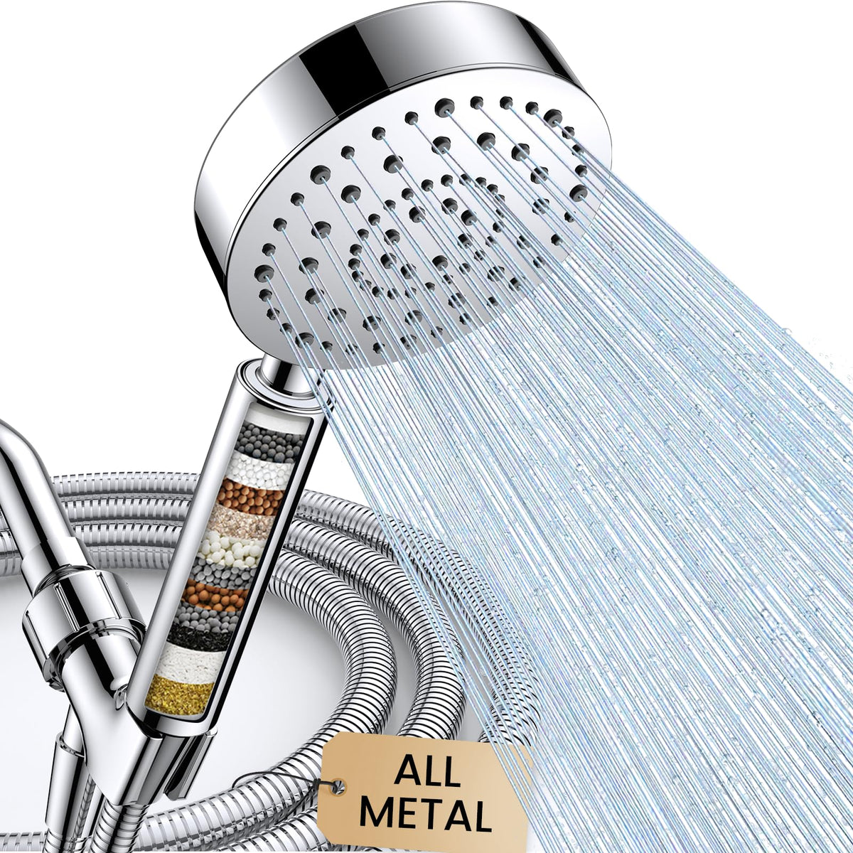 Feelso filtered shower head close-up with durable metal finish.