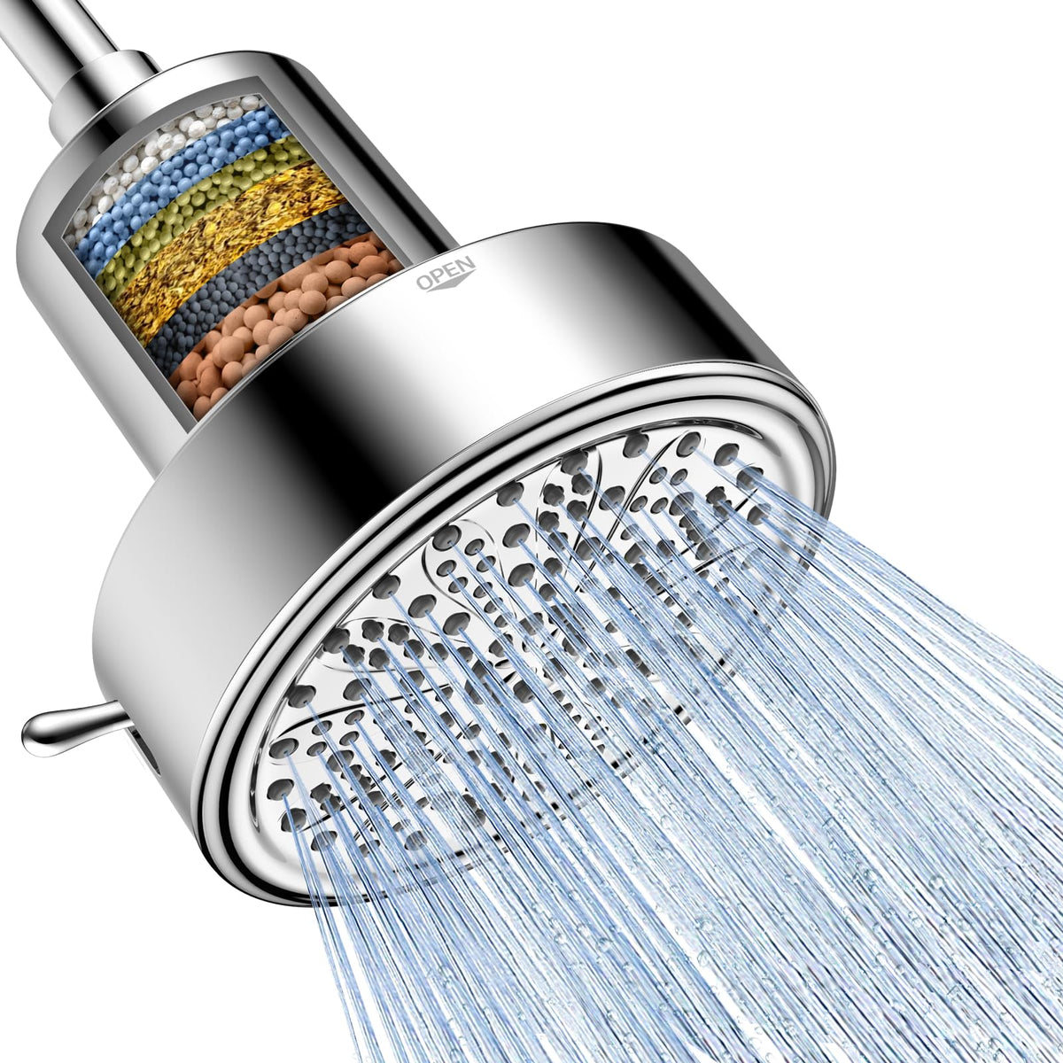 FEELSO filtered shower head front view with high-pressure rain setting for quick rinses.