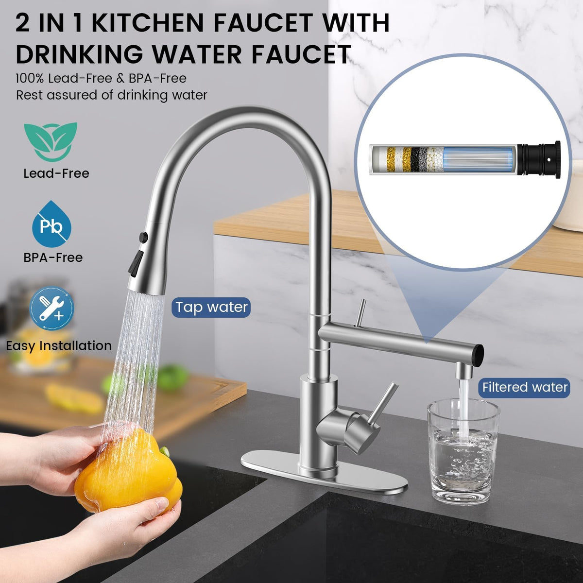FEELSO built-in filter reduces chlorine taste for clearer drinking water