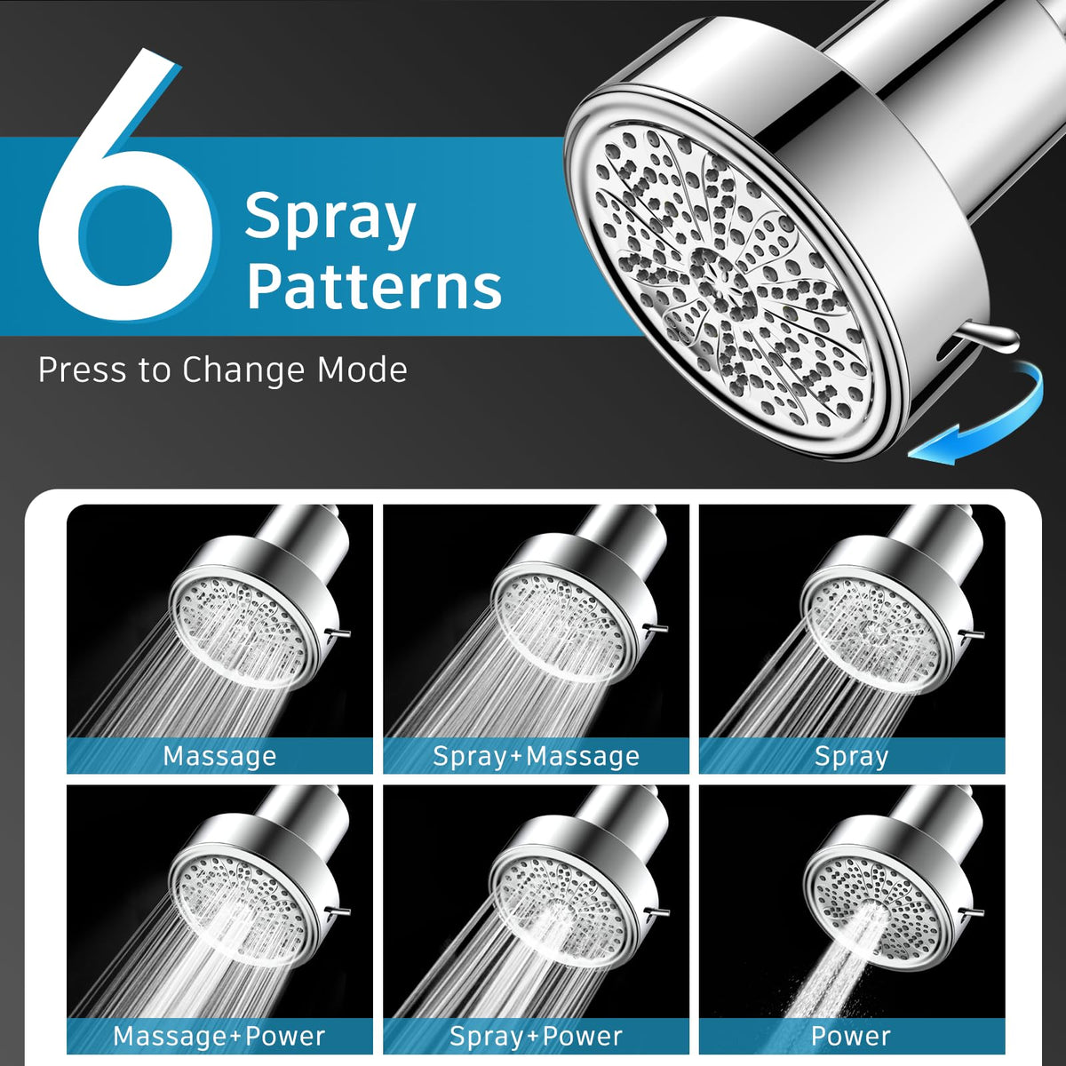 FEELSO shower head displaying six spray modes for personalized showers.