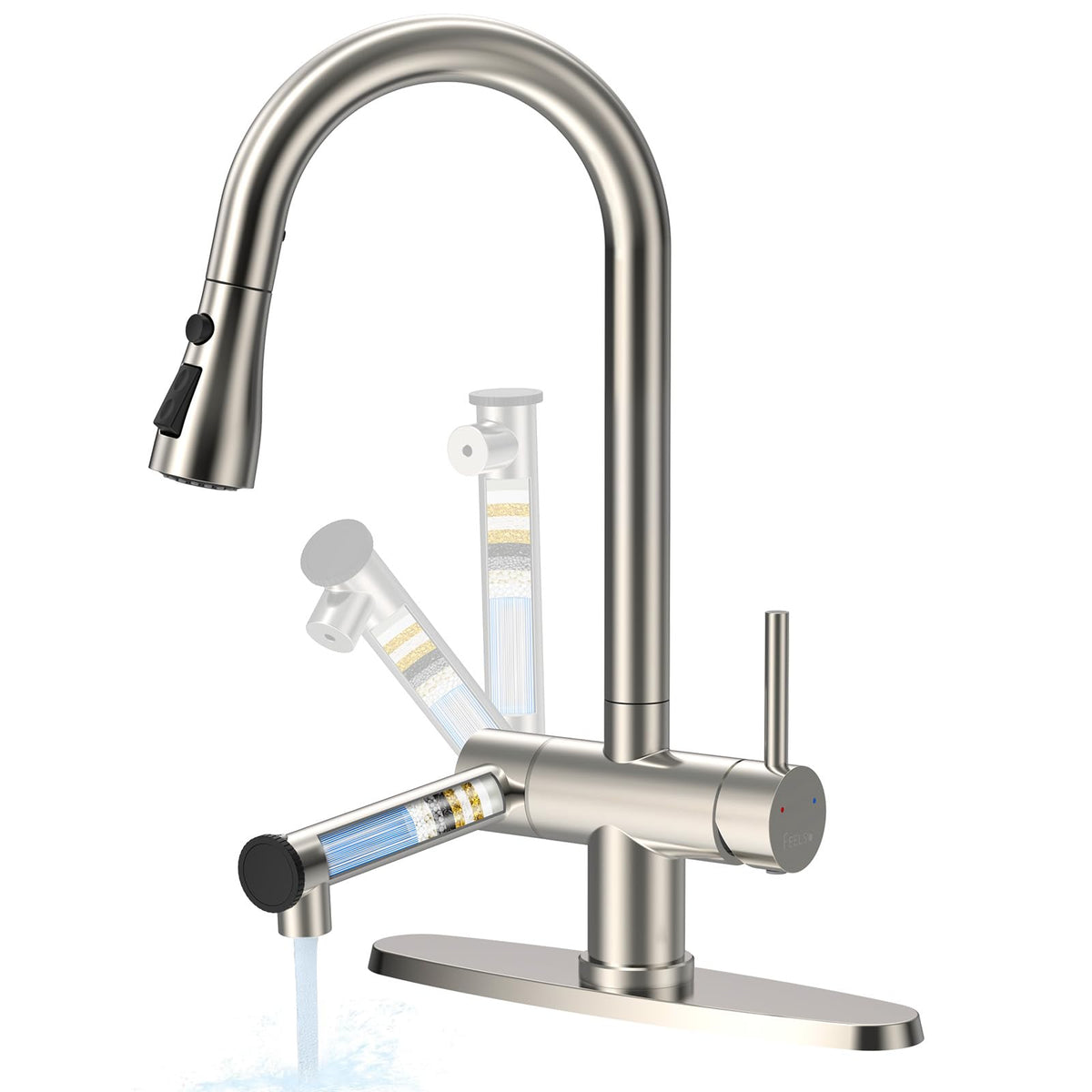 FEELSO filtered kitchen faucet pull-down for convenient drinking water.