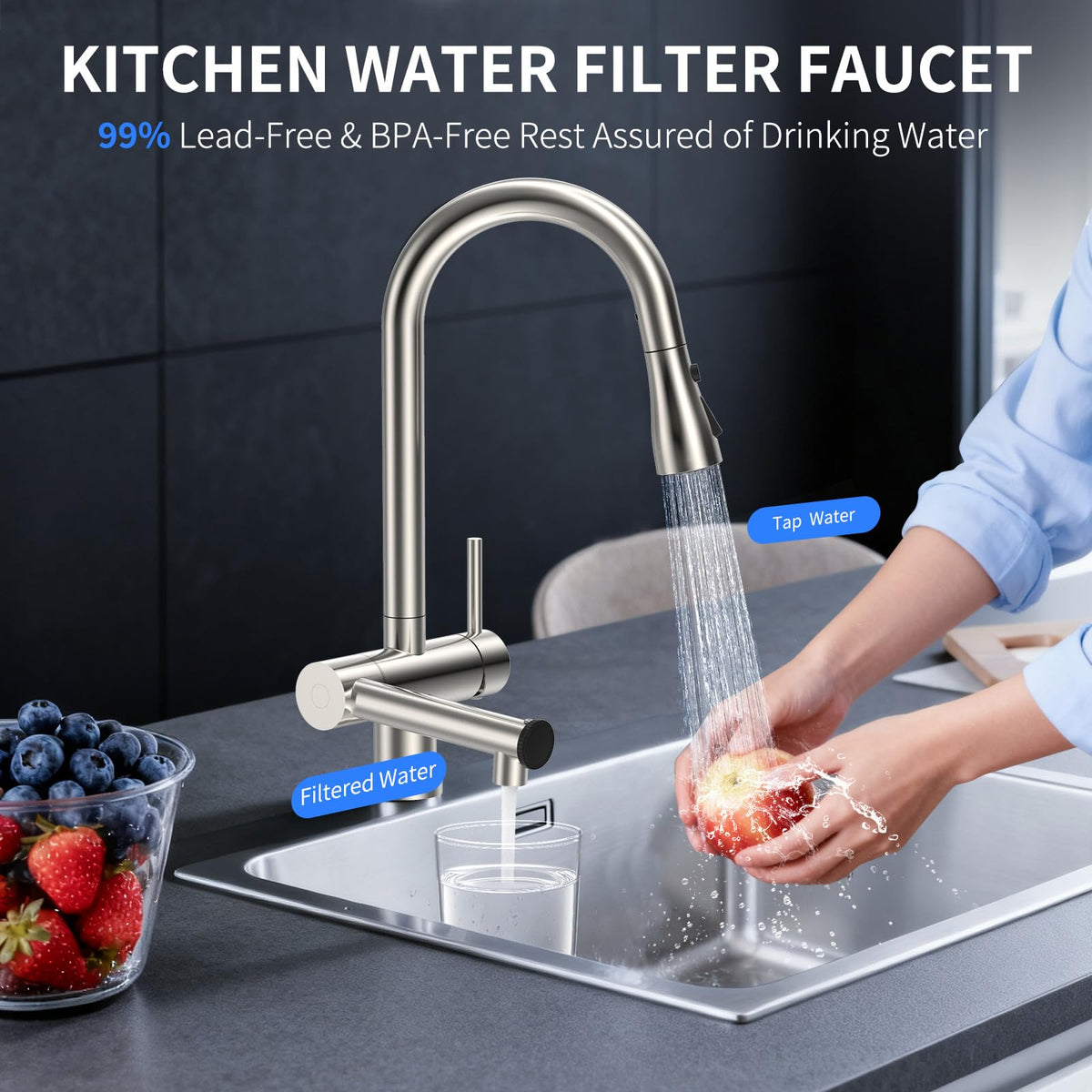 FEELSO 360 degree swivel poke offers flexible sink reach.