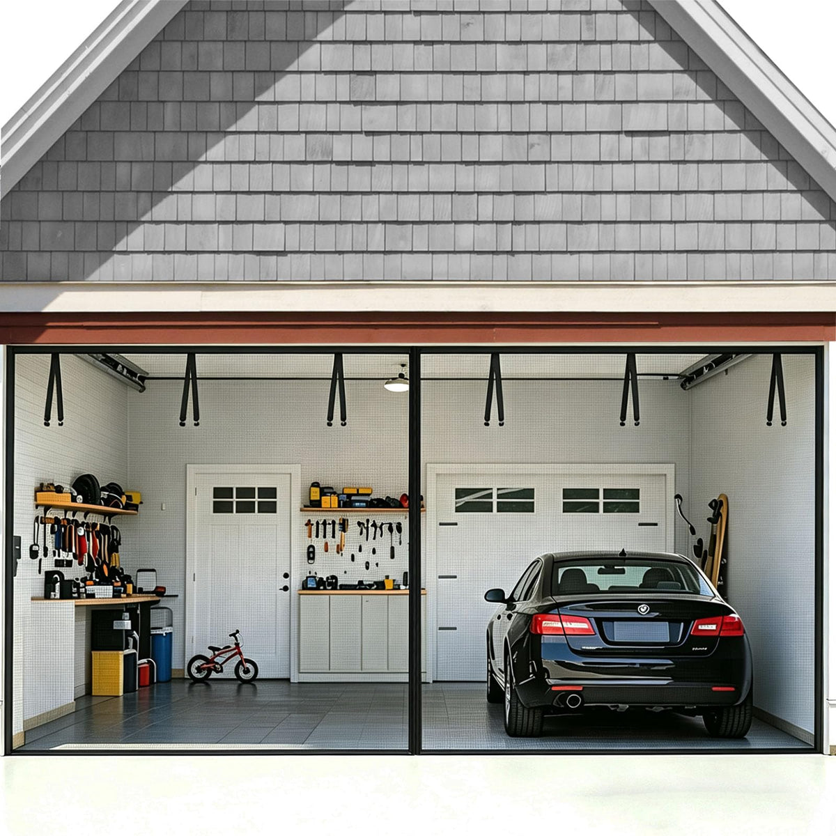 FEGO garage screen 16x7 ft magnetic closure enables easy walk-through and airflow.