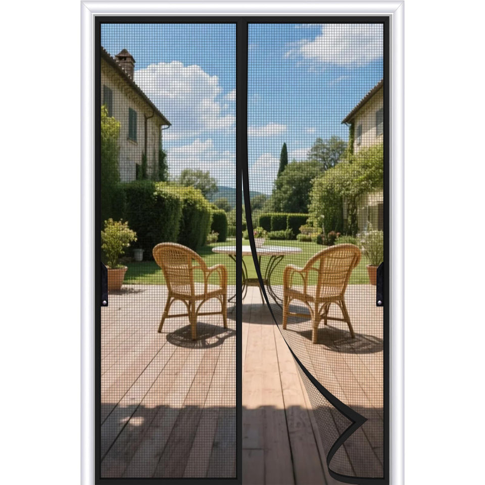 FEGO magnetic screen door close-up showing strong magnets for hands-free auto-close.