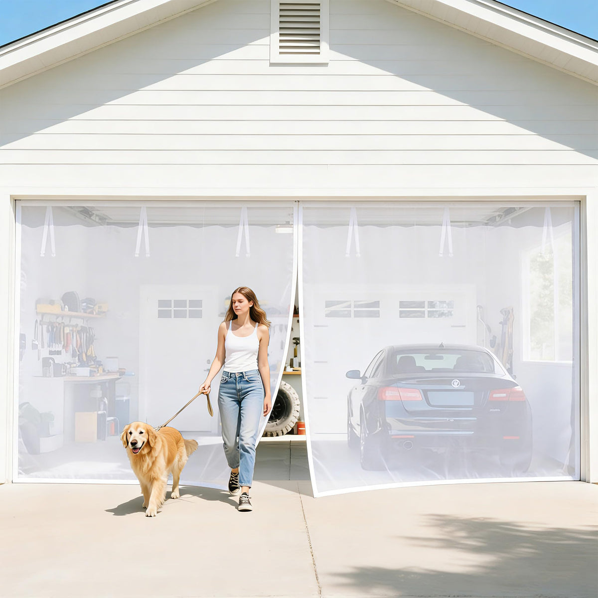 FEGO white garage door screen with auto close magnets for hands free entry