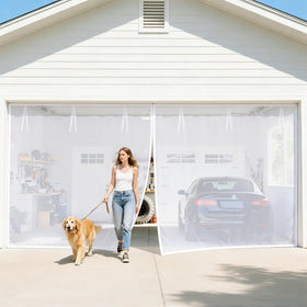 FEGO white garage door screen with auto close magnets for hands free entry