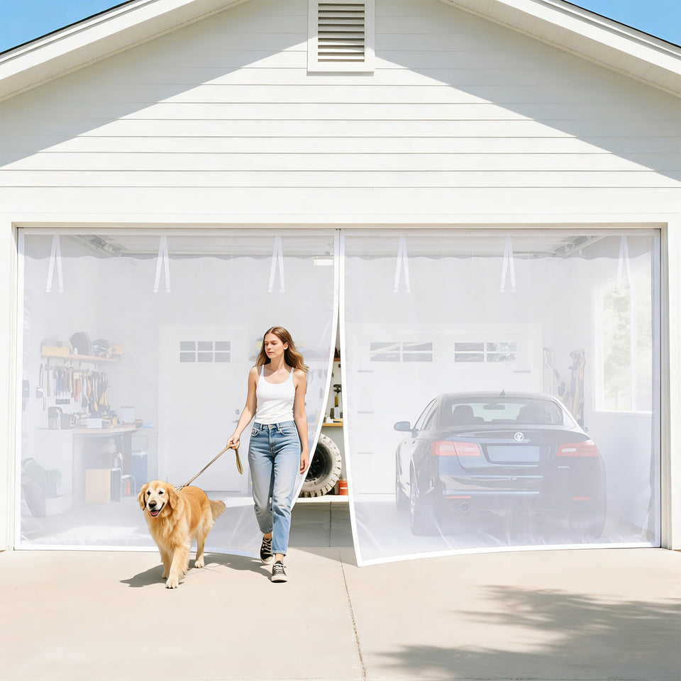 FEGO white garage door screen with auto close magnets for hands free entry