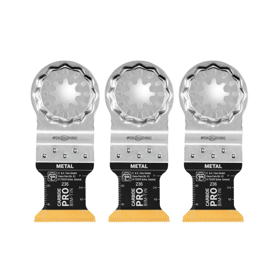 Fein Starlock E-Cut Carbide Pro blade close-up showing carbide teeth for hard metal cutting