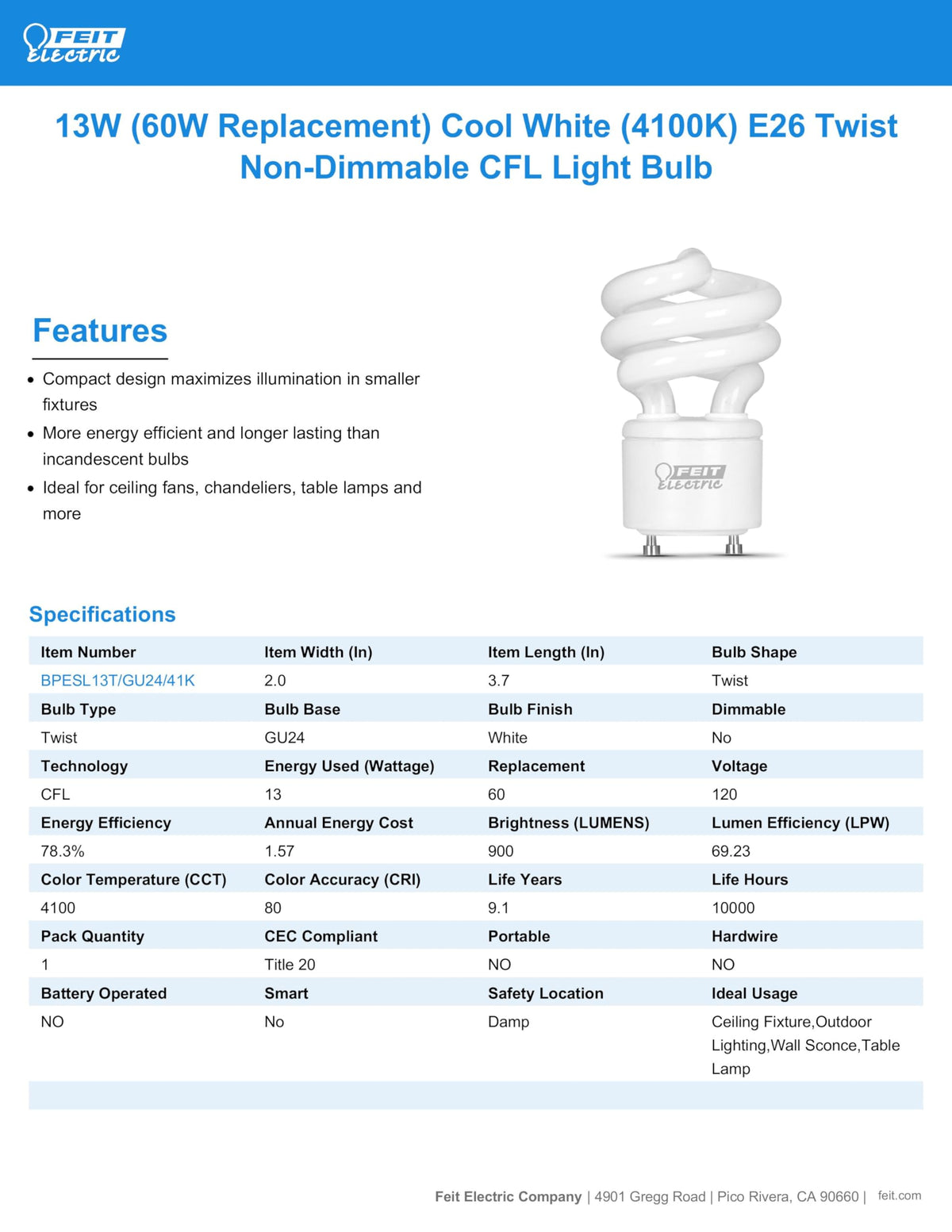Feit Electric 900-lumen CFL bulb delivering crisp brightness for tasks and lamps.