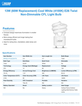 Feit Electric 900-lumen CFL bulb delivering crisp brightness for tasks and lamps.