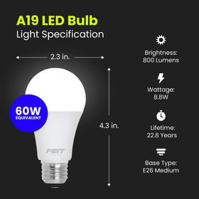 Feit Electric A19 dimmable LED bulb demonstrating smooth brightness control for living spaces.