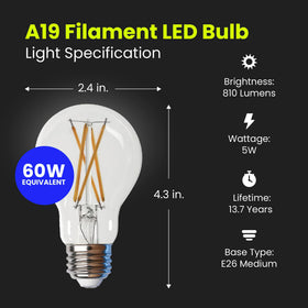 Feit Electric A19 filament LED bulb in a bedroom creates a warm 3000K glow.