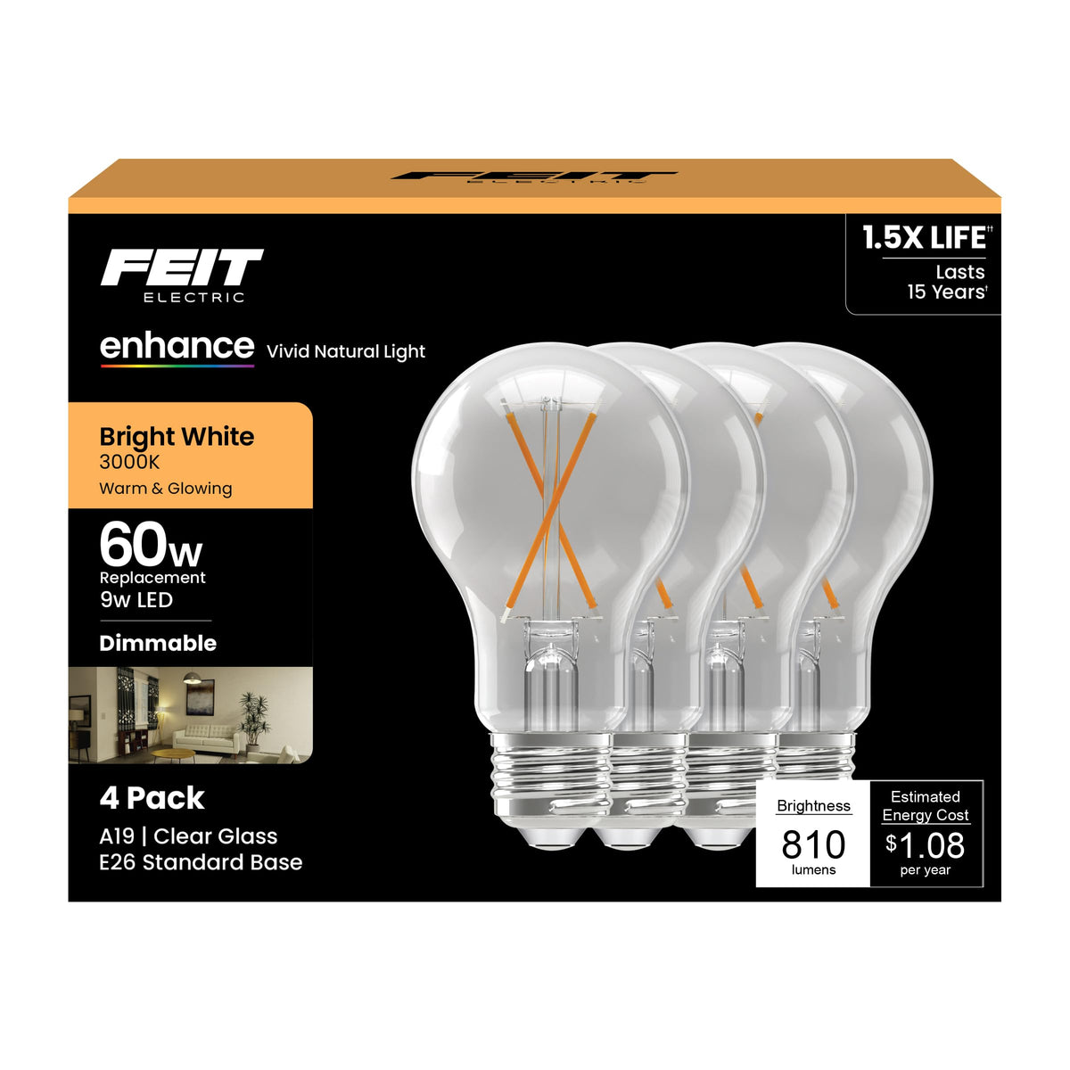 Feit Electric A19 filament LED bulb in a living room lamp delivers bright, energy-efficient illumination.