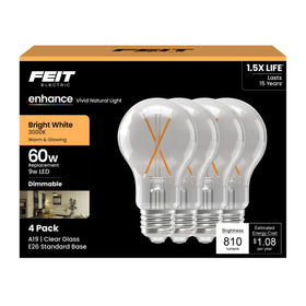 Feit Electric A19 filament LED bulb in a living room lamp delivers bright, energy-efficient illumination.