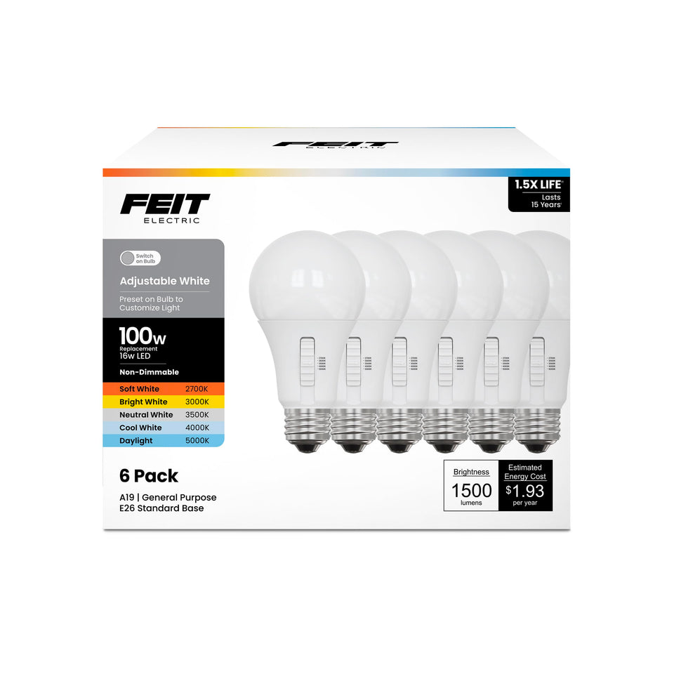 Feit Electric A19 LED bulb, 2700K soft white, ideal for cozy living spaces.