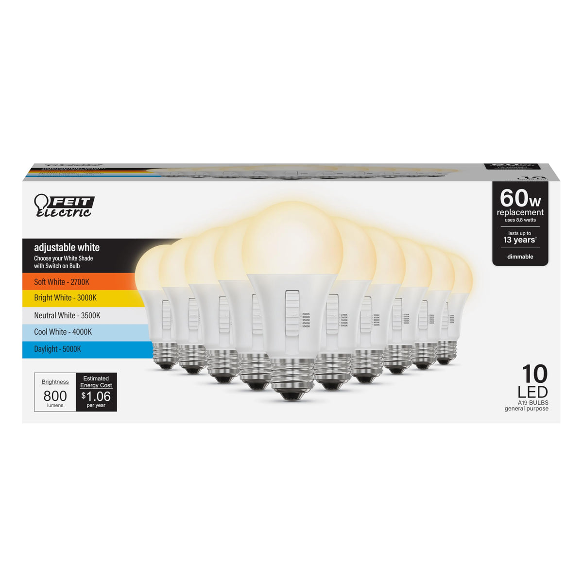 Feit Electric A19 LED bulb with 5CCT 2700K-5000K for customizable lighting.