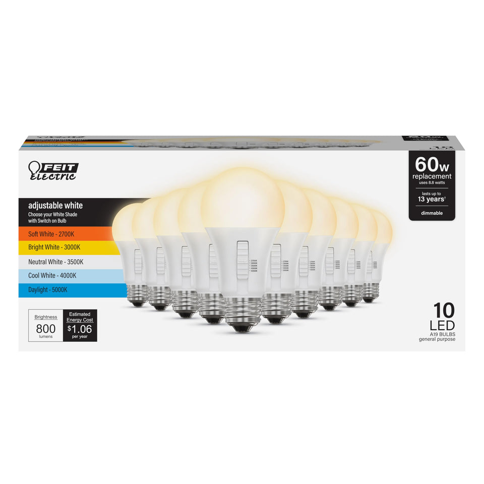 Feit Electric A19 LED bulb with 5CCT 2700K-5000K for customizable lighting.