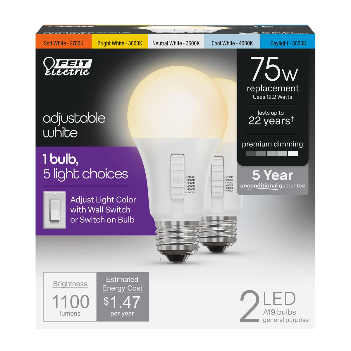 Feit Electric A19 LED bulb dimmable with 6WYCA code for flexible lighting.