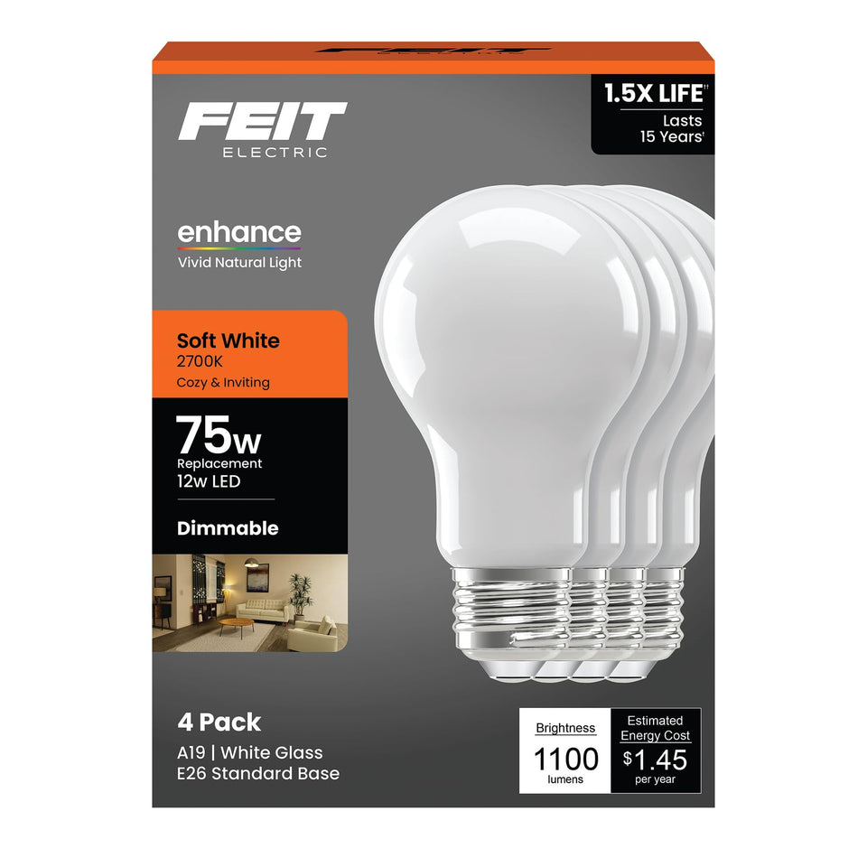 Feit Electric A19 LED bulb with soft white 2700K glow for cozy living spaces.
