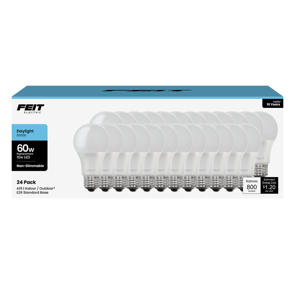Feit Electric A19 LED daylight 5000K, 800 lumens, energy-efficient illumination.