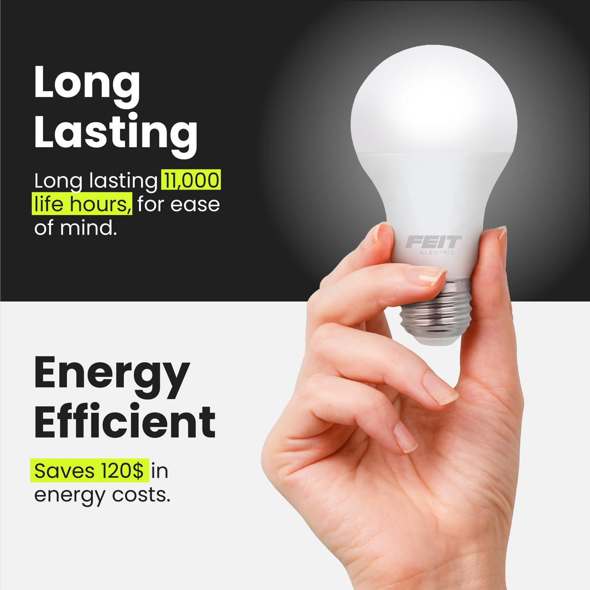 Feit Electric A19 LED E26 base for easy installation.
