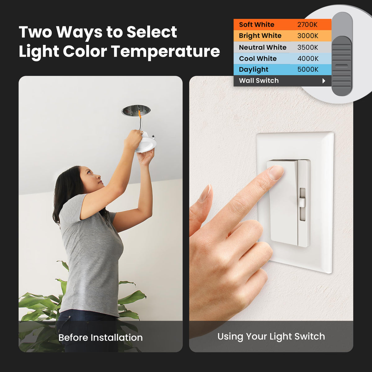 Feit Electric adjustable white 2700K–5000K for mood and task lighting.