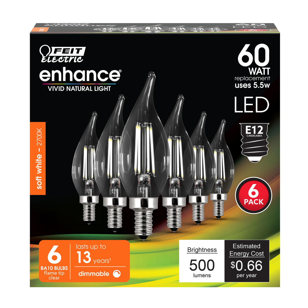 Feit Electric BA10 flame-tip chandelier bulb in clear glass, timeless ambiance.
