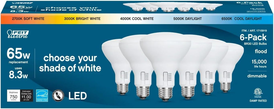 Feit Electric BR30 5-Color Choice bulb front view for versatile room lighting.