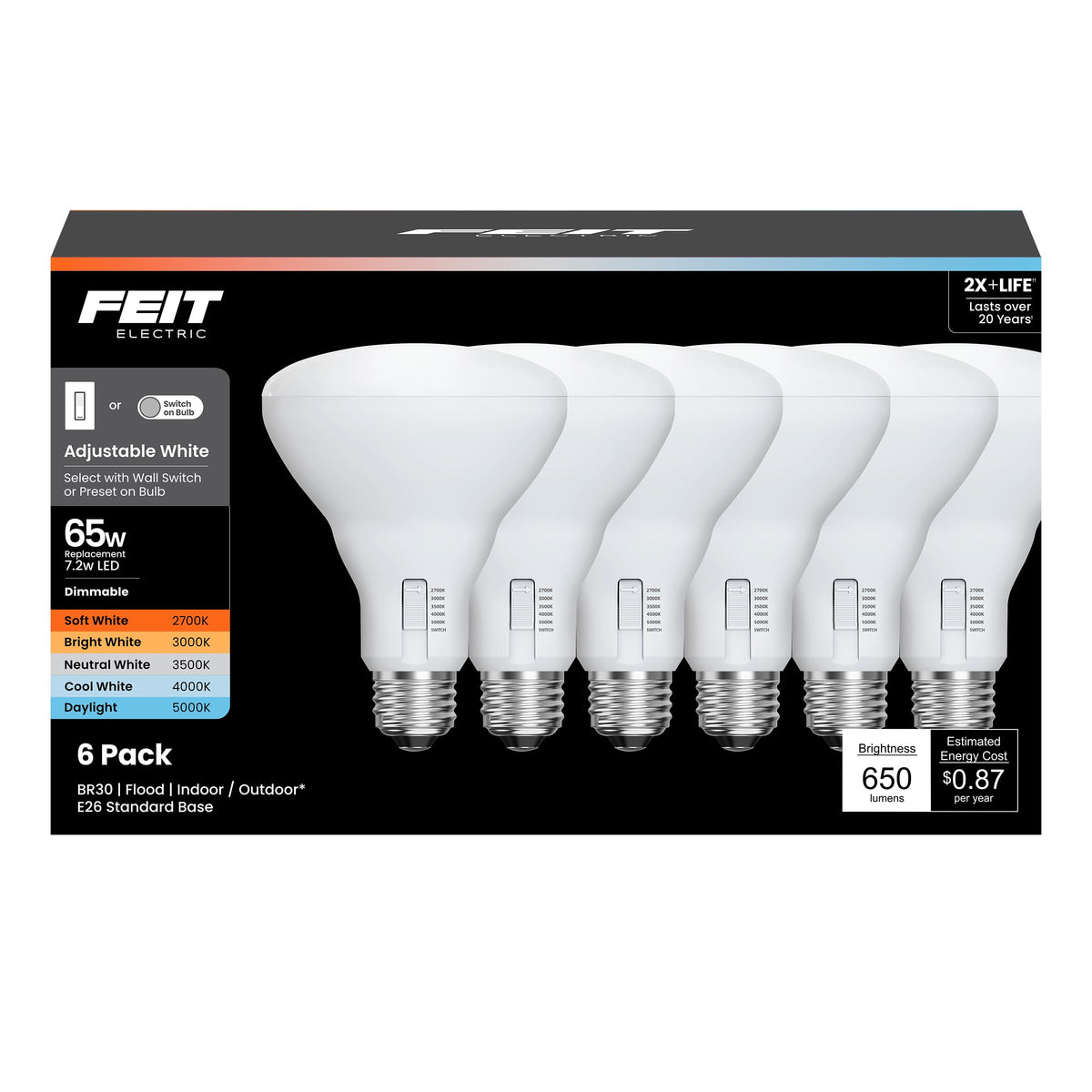 Feit Electric BR30 LED bulb dimmable for versatile room lighting.