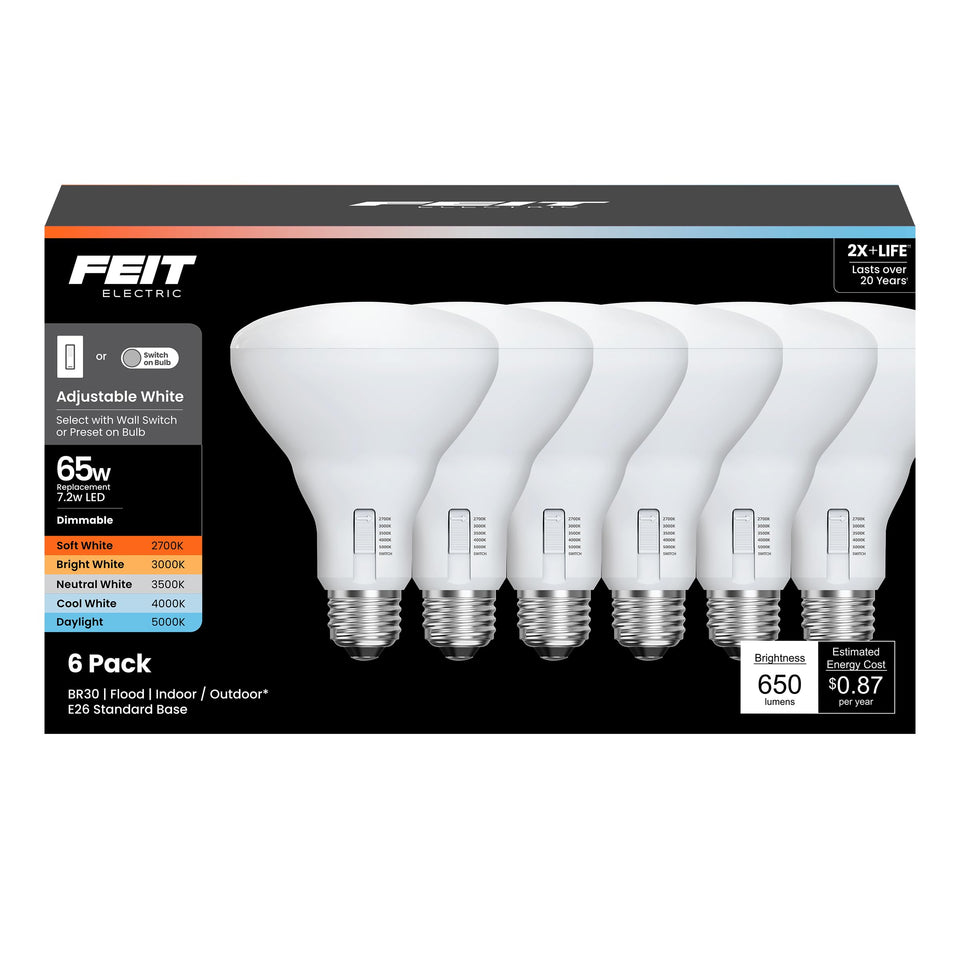 Feit Electric BR30 LED bulb dimmable for versatile room lighting.