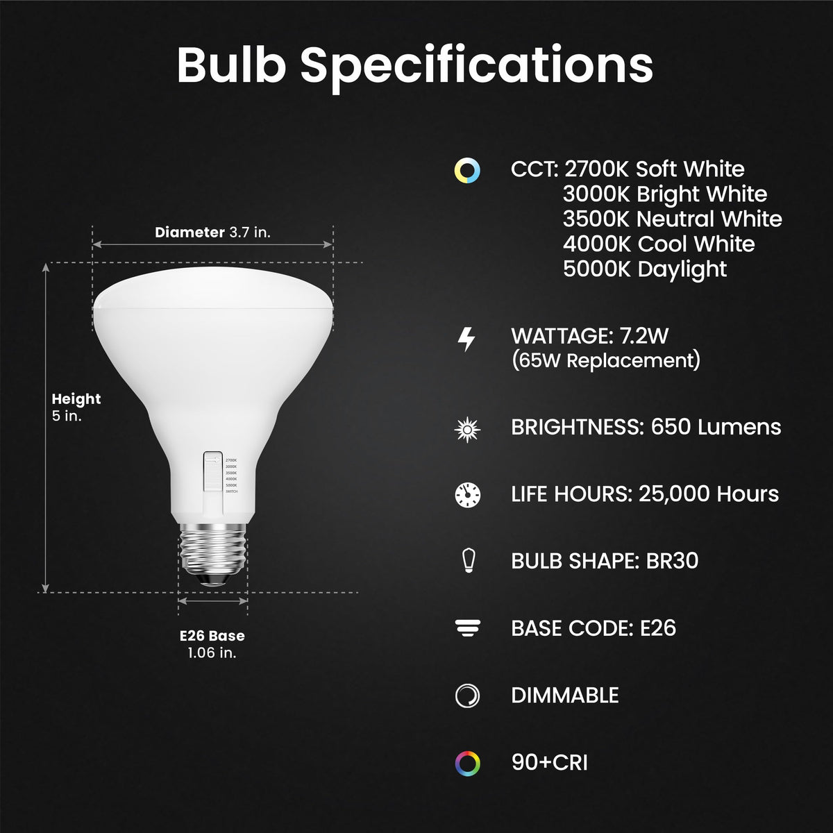 Feit Electric BR30 LED with five color temps switchable via switch.