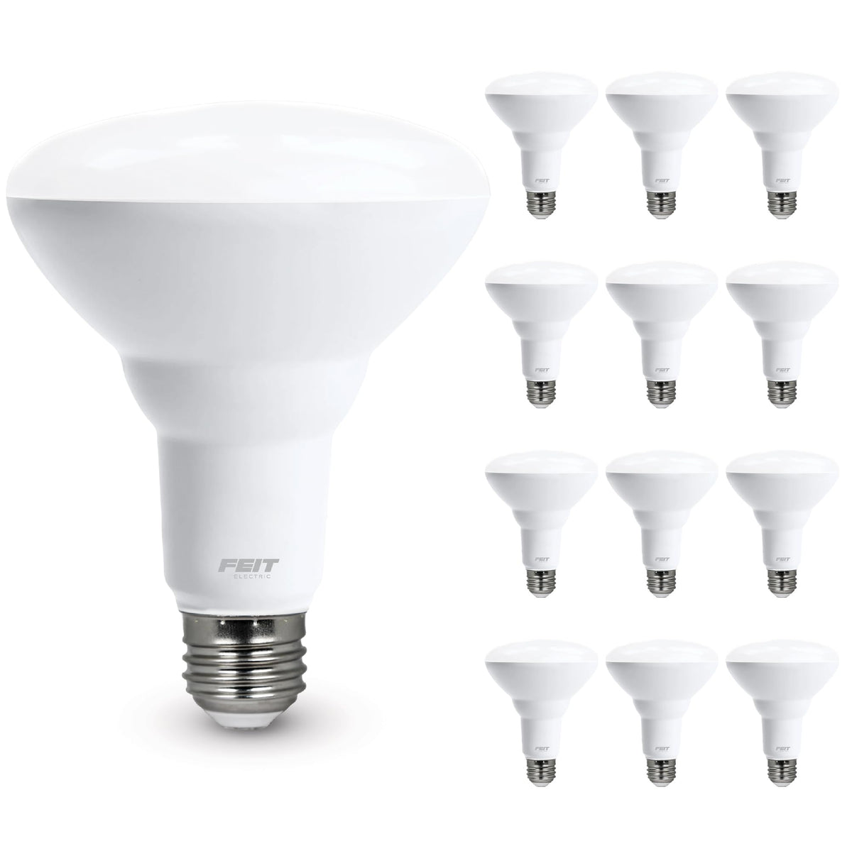 Feit Electric BR30 LED bulb illuminates kitchen with soft white ambient light.