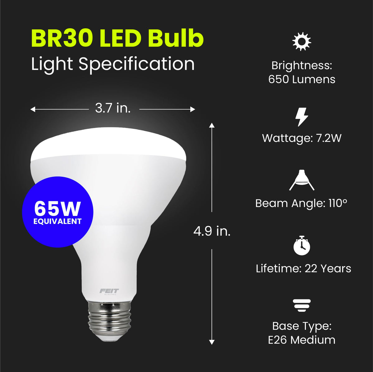 Feit Electric BR30 LED dimmable bulb with 2700K soft white tone.