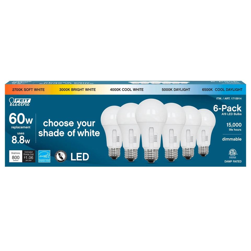 Feit Electric Color Choice A19 front view shows hub-free versatility for mood lighting